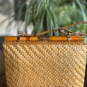 Vintage Woven Rattan Italian Hand bag Boho Chic Bamboo and Leather Handles